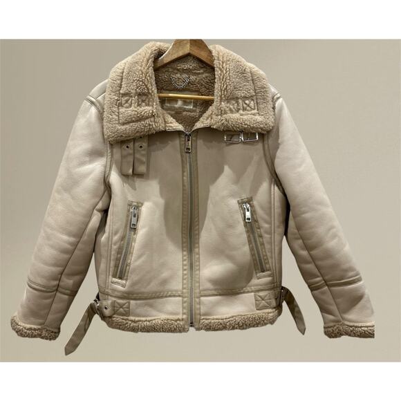 Michael Kors Womens Large Faux Leather Shearling Cream Tan Sherpa Moto Jacket - Picture 1 of 8